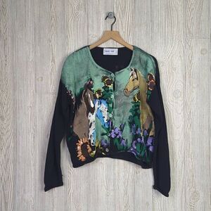 Diane Wat Design Womens S/M Grannycore Handpainted Sweater Horse Theme Buttons